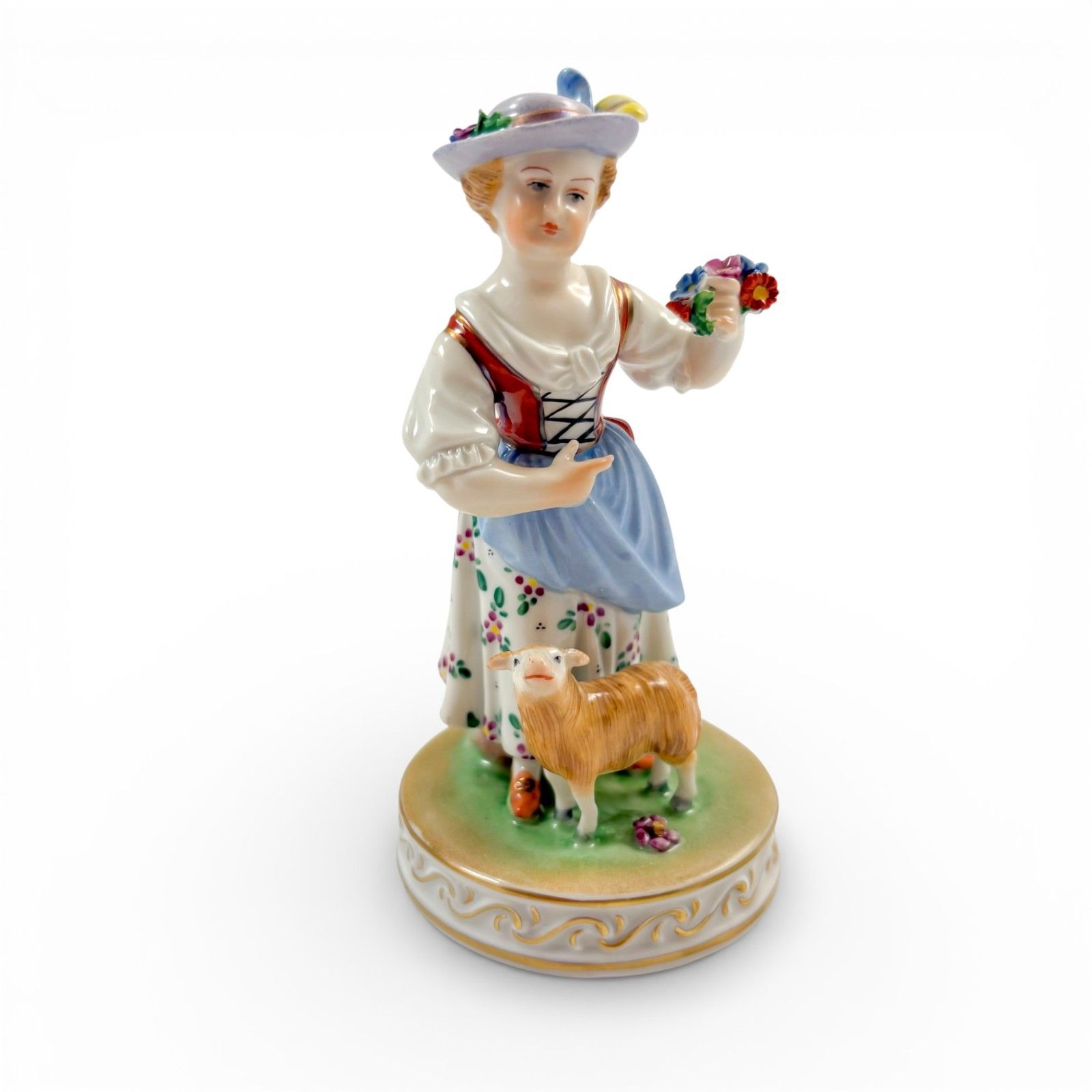 Carl Thieme Dresden Porcelain Shepherdess Figurine With Sheep Hand Painted 1930s