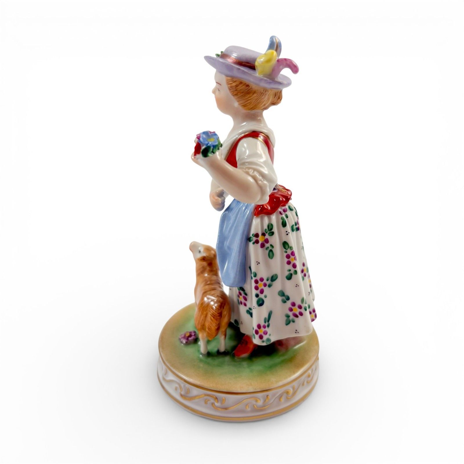 Carl Thieme Dresden Porcelain Shepherdess Figurine With Sheep Hand Painted 1930s photo for sale
