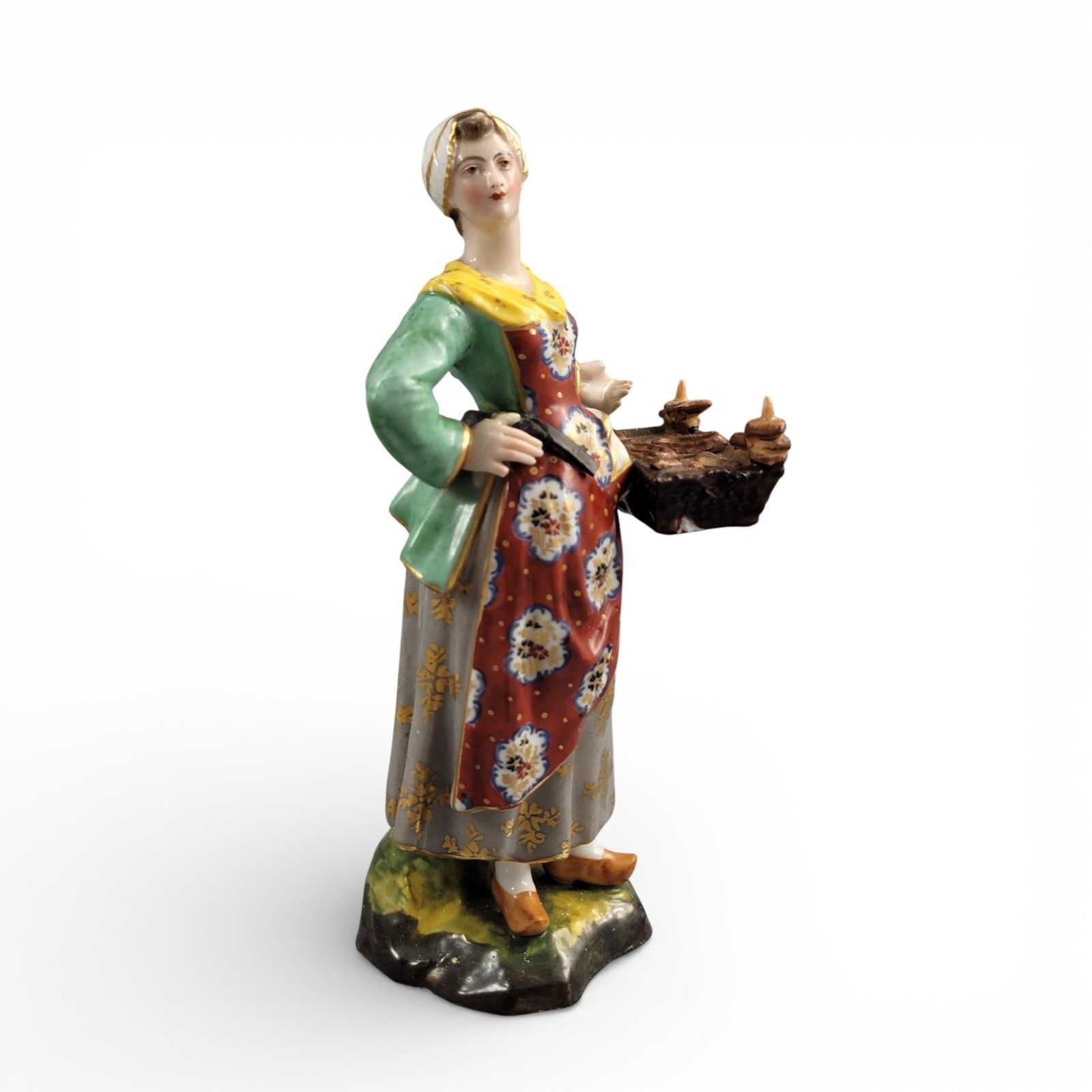 Georgian Derby Porcelain Figure Of A Female Bun Seller (Street Vendor), C.1800 photo vinterior
