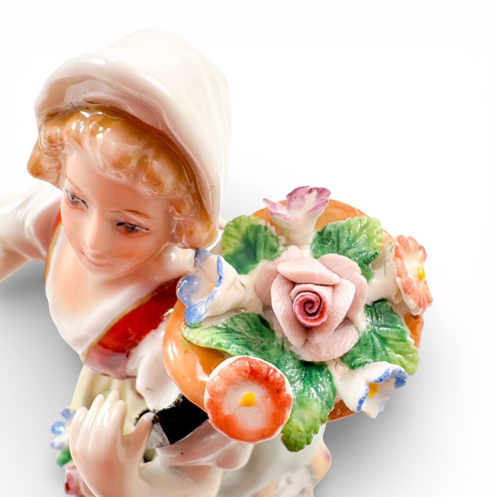 photo furniture Antique Sitzendorf Porcelain Flower Seller Figurine Antique German C.1920s