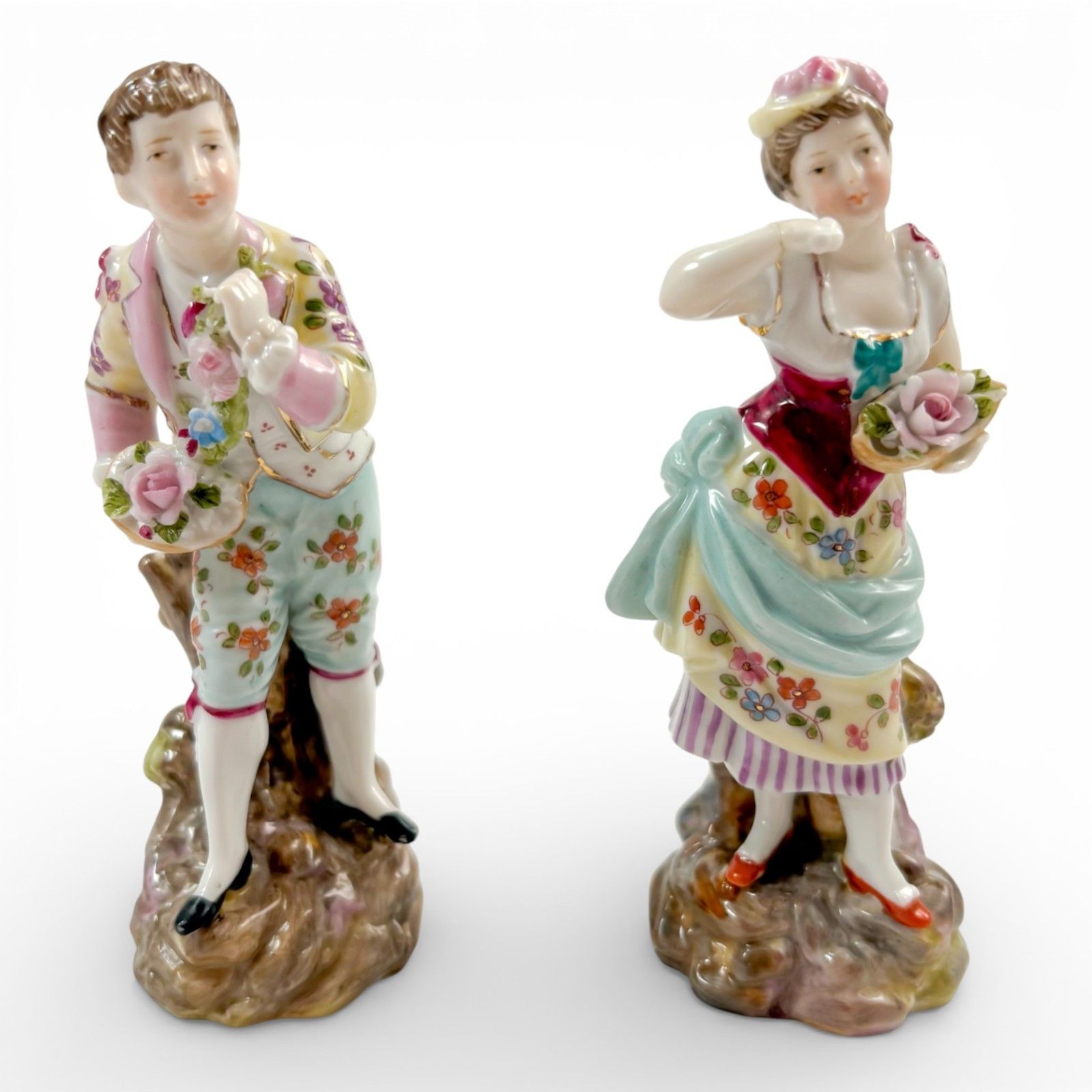 Antique German Porcelain Flower Seller Boy Girl Figurines, Triebner Ens Eckert photo for sale