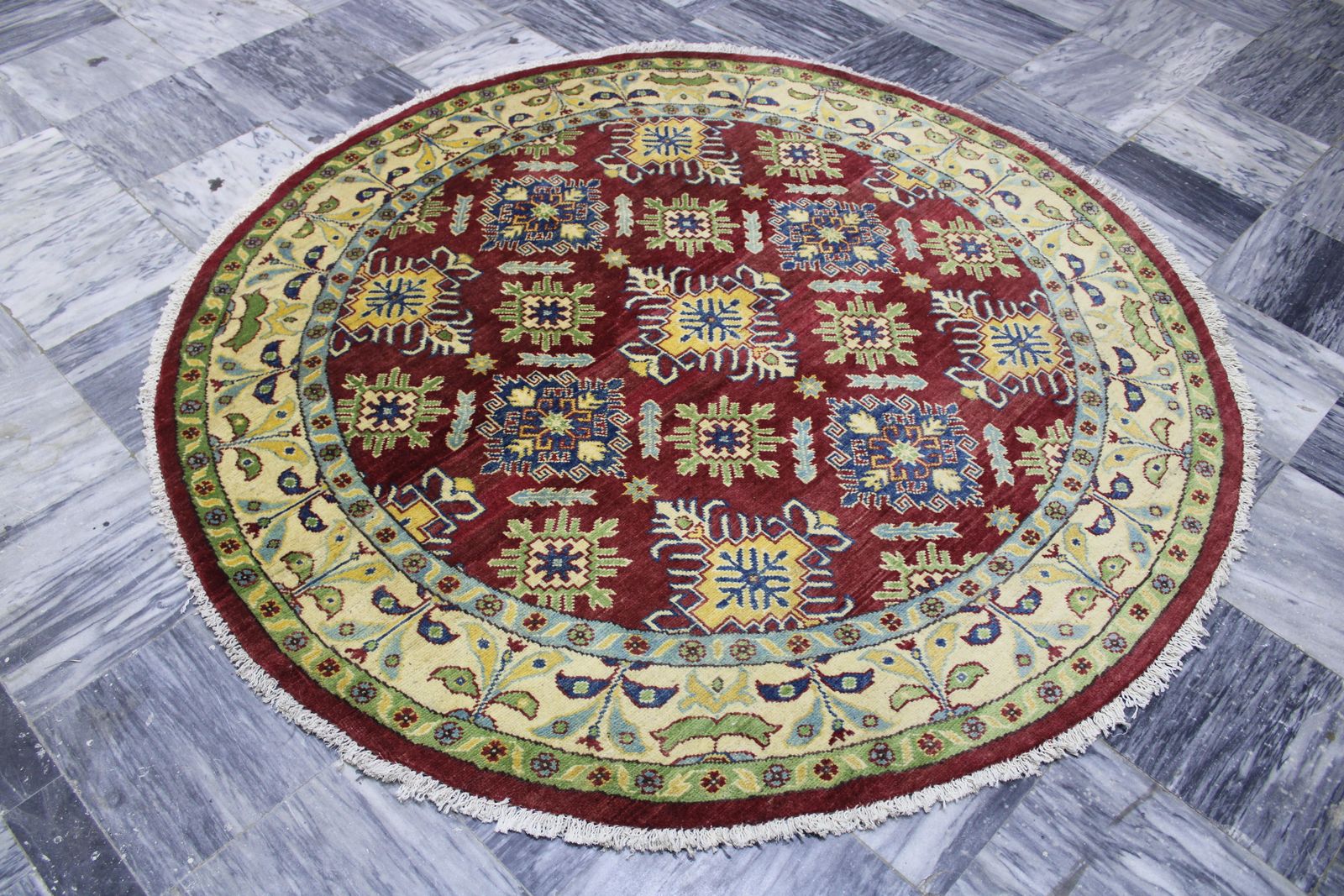 5x5 Red Kazak Caucasian Handmade Round Rug photo furniture