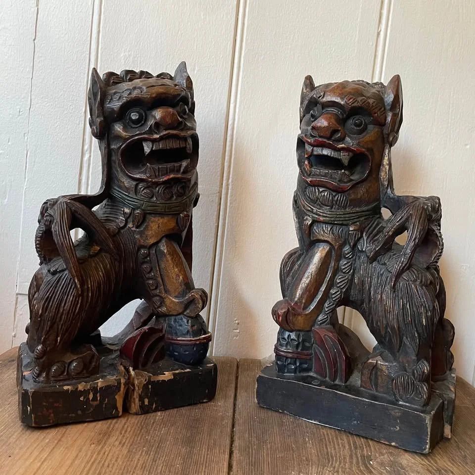 Chinese Qing Dynasty Carved Foo Dogs. photo for sale