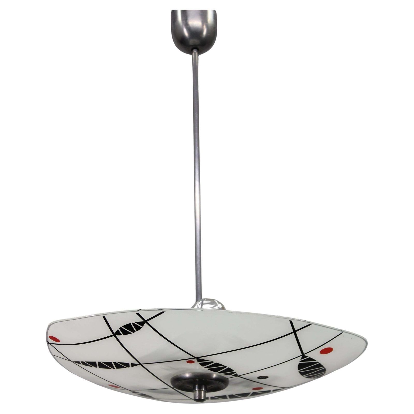 Mid Century Pendant Chandelier, Chromed Metal And Glass, Czechoslovakia 1970s