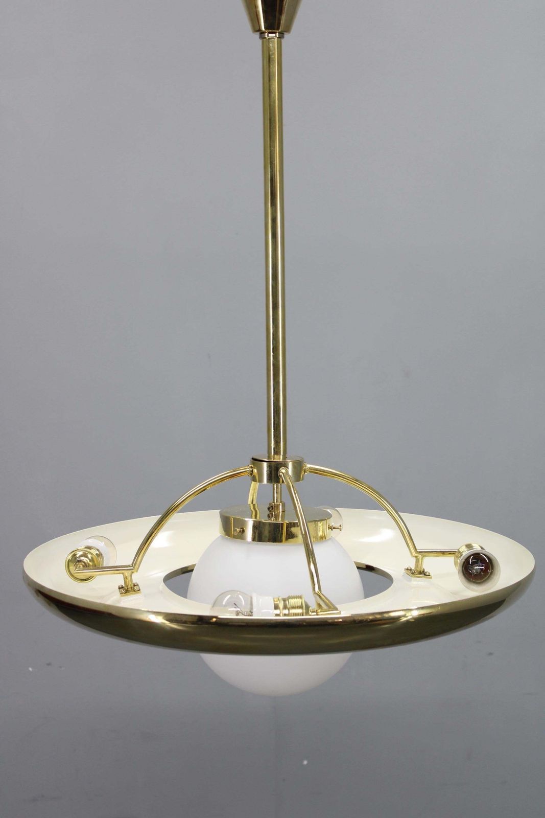 Art Deco Brass Chandelier With White Glass, Czechoslovakia 1930s photo Lighting