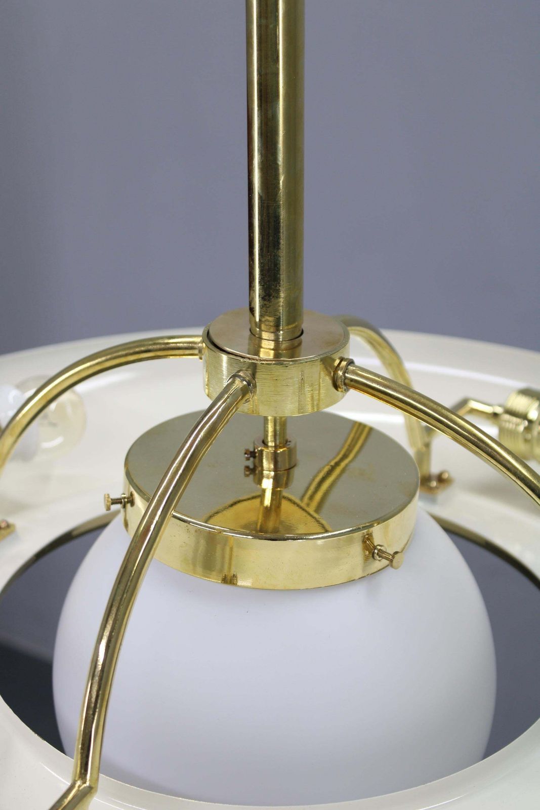 Art Deco Brass Chandelier With White Glass, Czechoslovakia 1930s photo vinterior