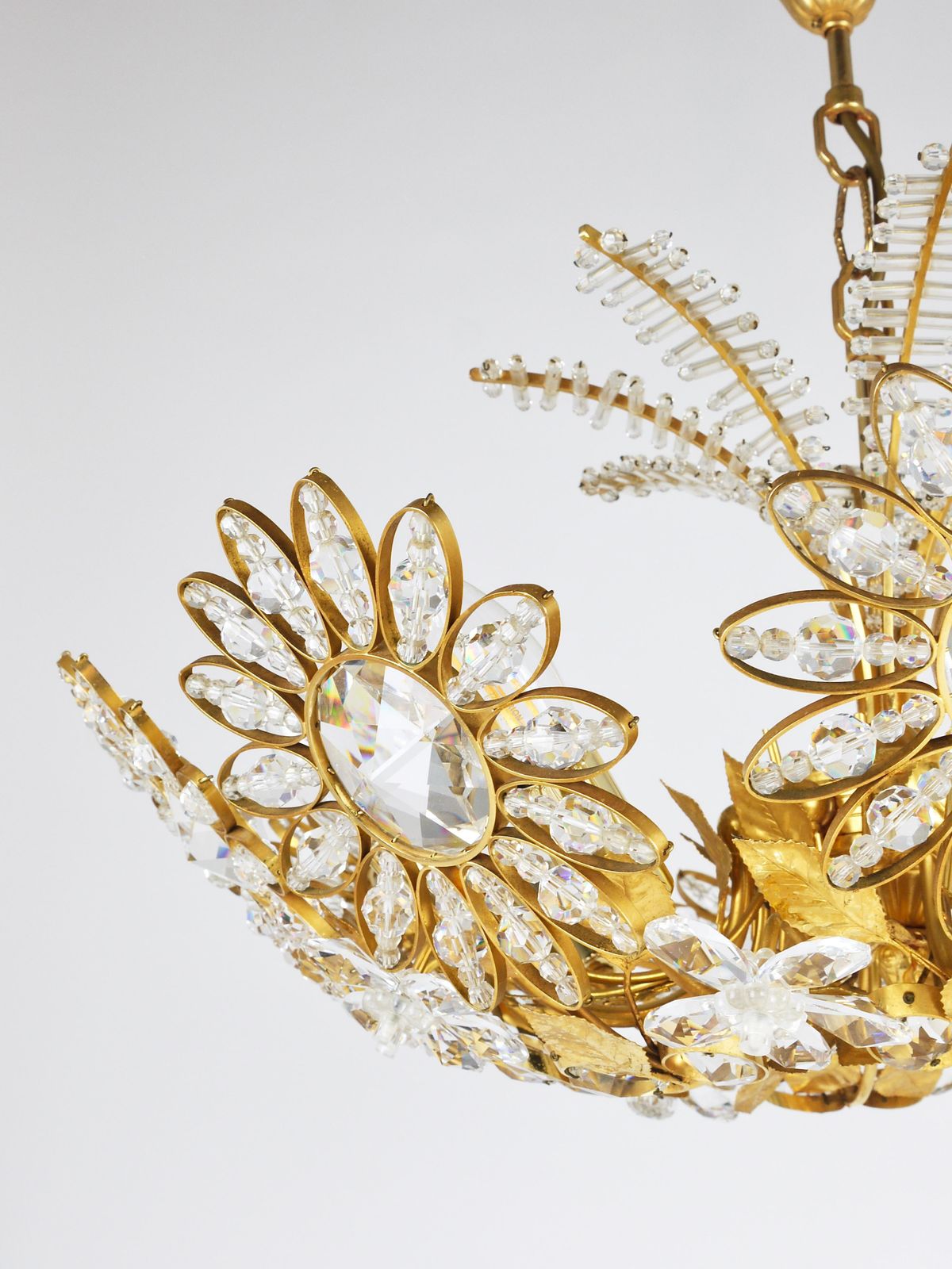 photo for sale Ernst Palme Large Palwa Flower Palm Tree Chandelier, Gilt Brass, Crystals, 1970s