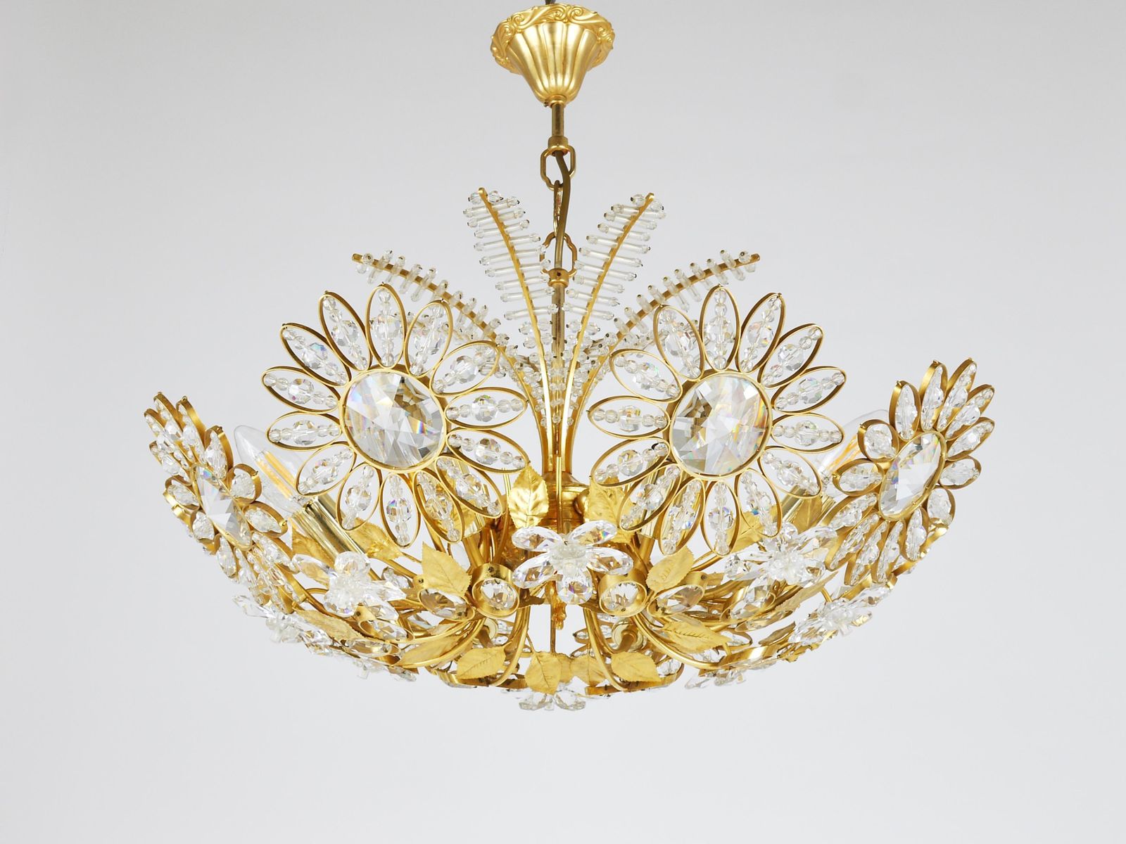 Lighting Ernst Palme Large Palwa Flower Palm Tree Chandelier, Gilt Brass, Crystals, 1970s photo