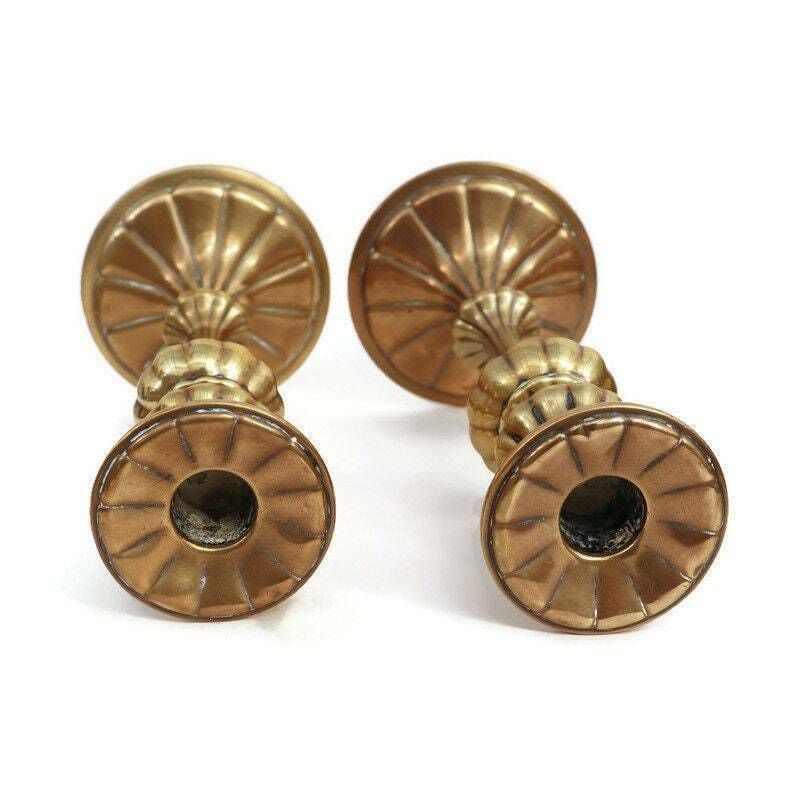 Antique Continental Brass Candlesticks Holders Pair H 9.7'', Large Antique Candle Holders. photo vinterior