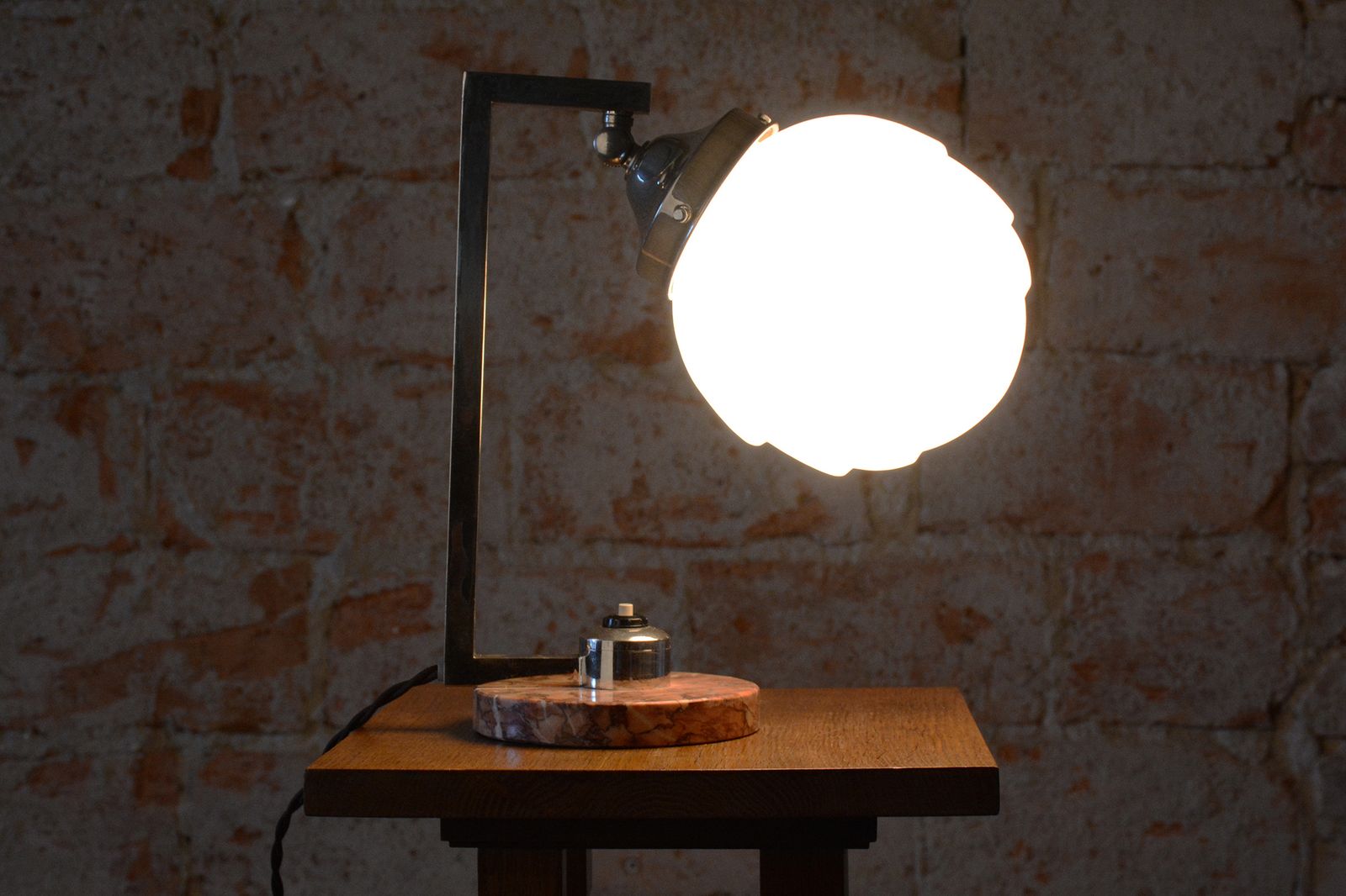 Restored Bauhaus Table Lamp, Marble, Opaline Glass, Chrome, France, 1920s photo vintage