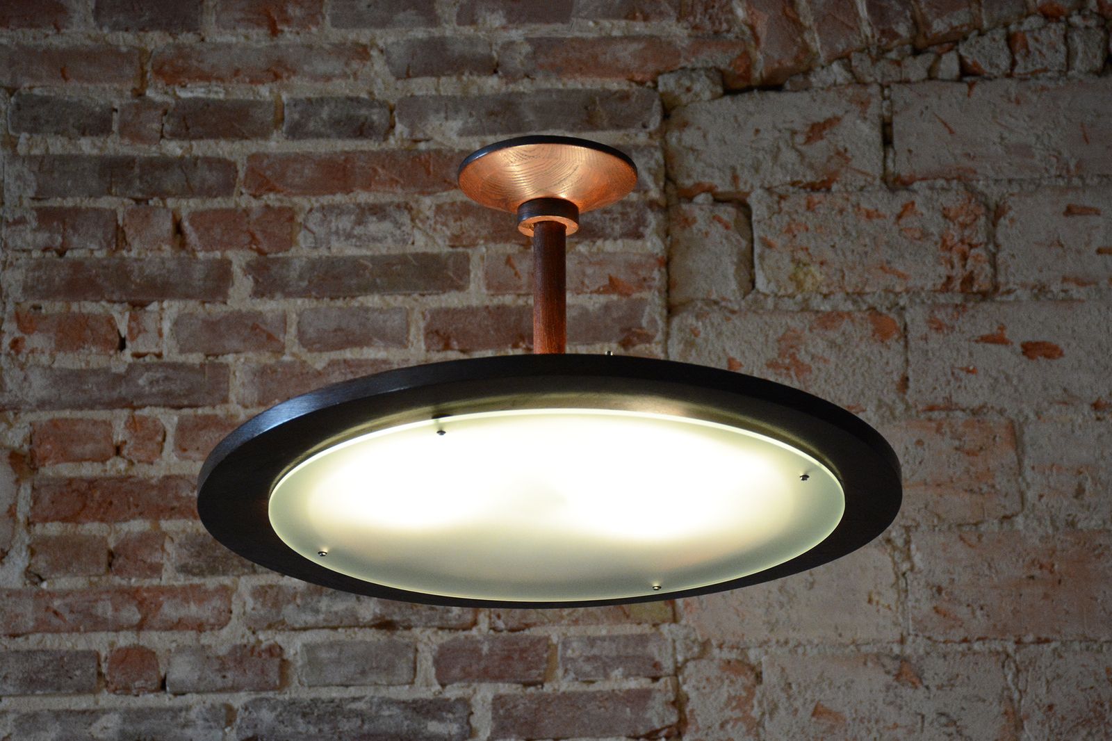 Restored Mid Century Ceilig Lamp, Oak, Frosted Glass, Czech, 1950s photo for sale