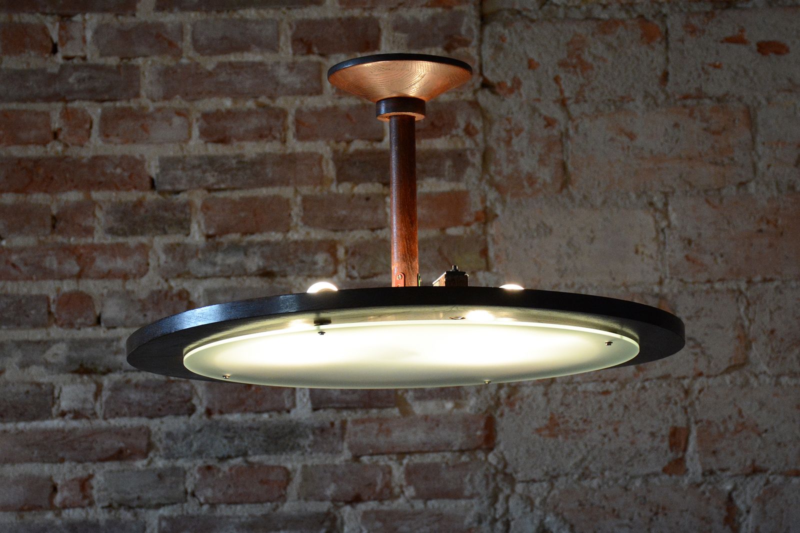Restored Mid Century Ceilig Lamp, Oak, Frosted Glass, Czech, 1950s photo Lighting