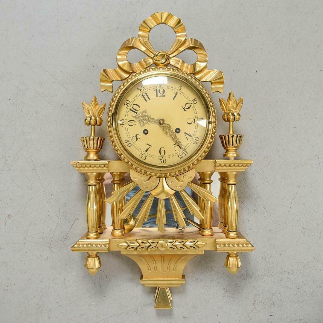 Antique Swedish Gustavian Signed Wall Clock Gilt 1900, Rococo Golden Clock photo vinterior