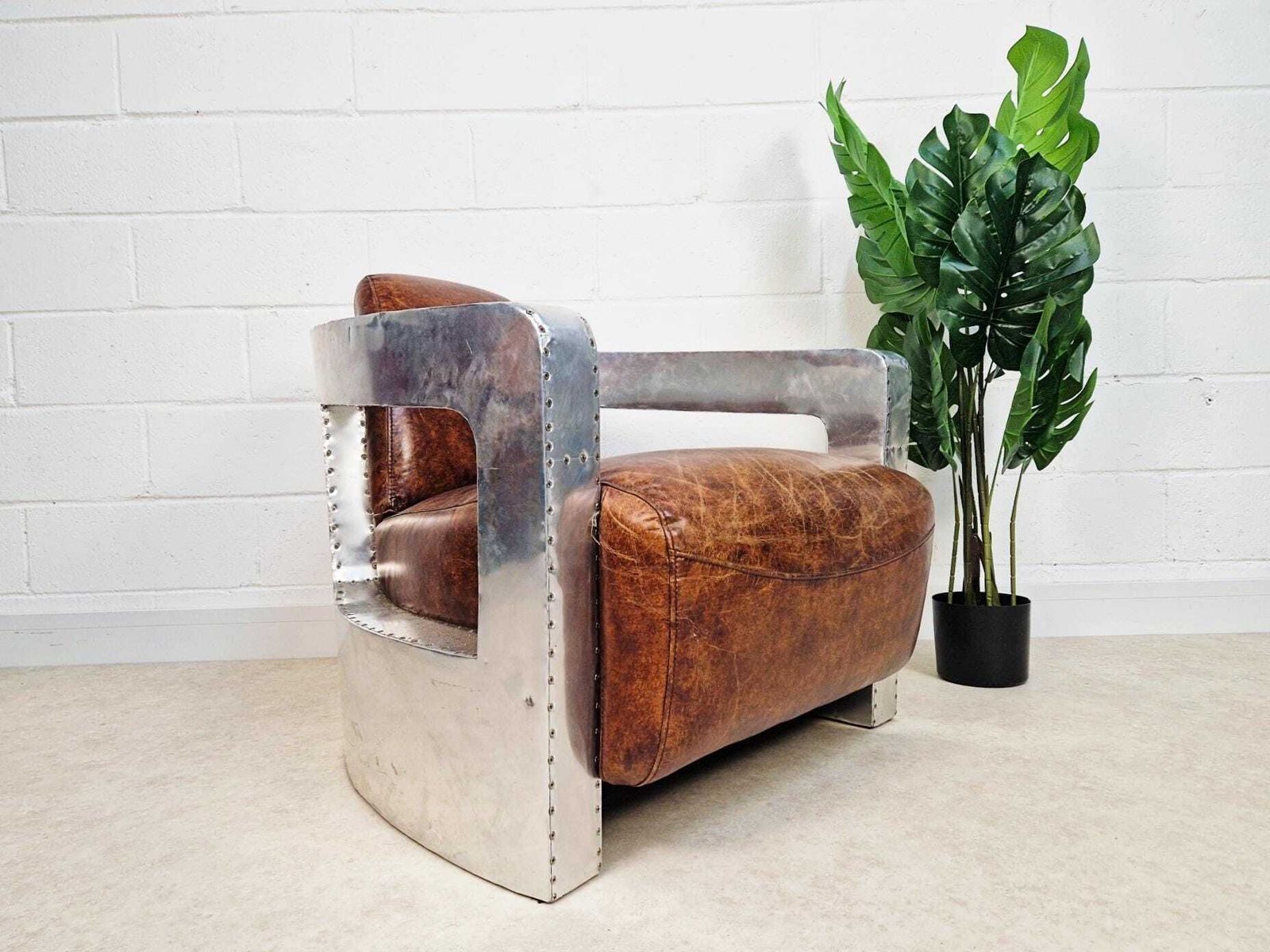Vintage Mid Century Aluminium & Chesnut Leather Aviator Lounge Accent Armchair Pg050