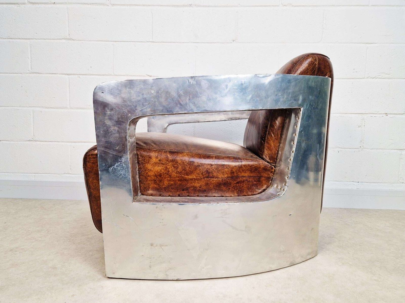Vintage Mid Century Aluminium & Chesnut Leather Aviator Lounge Accent Armchair Pg050 photo Furniture