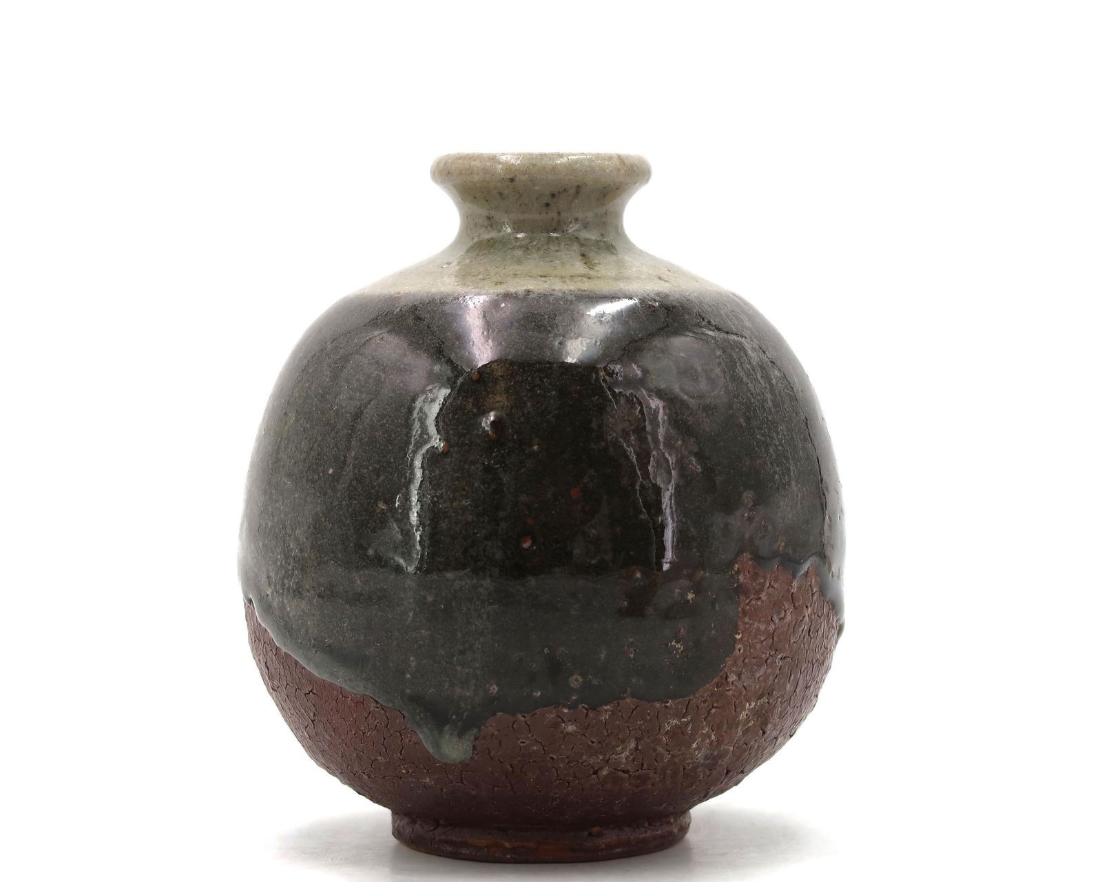 French Stoneware Ceramic Round Vase, Wood Firing With Green Enamel, 1970s / Wabi Sabi, La Borne, Minimalist, Home Decor photo for sale