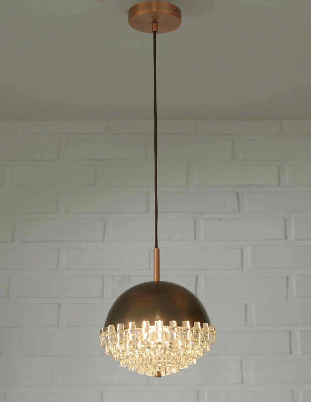 1/4 Vintage Glass Pendant Light / Brutalist Copper Bar Lamps / Mid Century Modern 1970's photo furniture
