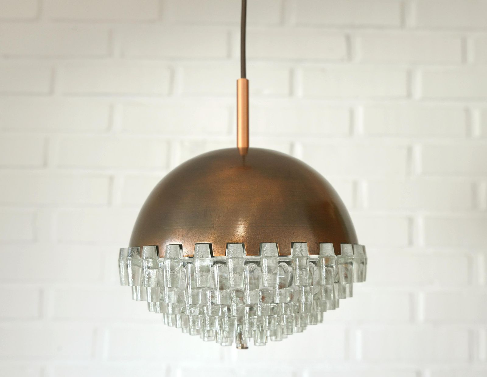 1/4 Vintage Glass Pendant Light / Brutalist Copper Bar Lamps / Mid Century Modern 1970's photo vintage