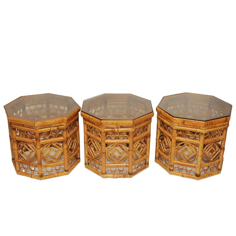 Hexagonal Bamboo Side Tables With Smoked Glass Top  1970s  Set Of 3