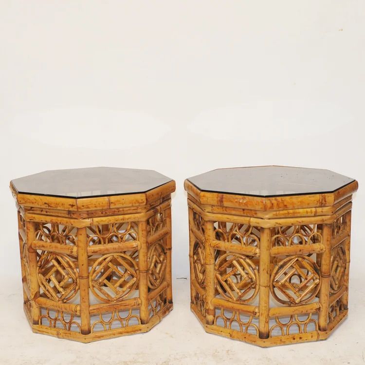 Hexagonal Bamboo Side Tables With Smoked Glass Top  1970s  Set Of 3 photo buy