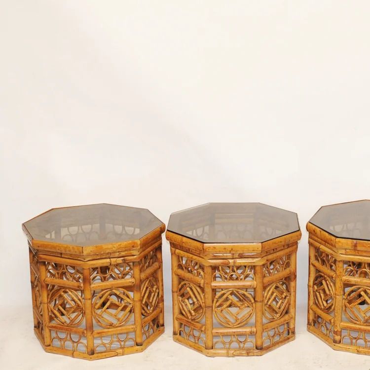 photo furniture Hexagonal Bamboo Side Tables With Smoked Glass Top  1970s  Set Of 3