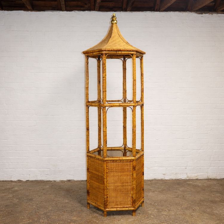 Vintage Pagoda Rattan Bamboo Etagere Display Shelf 1970s