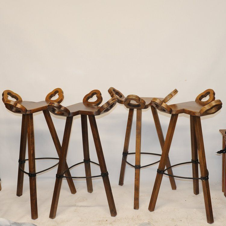 Brutalist Marbella Style Beech Bar Stools By Viriato Gomez For Toledo 1970s Set Of 4 photo vintage