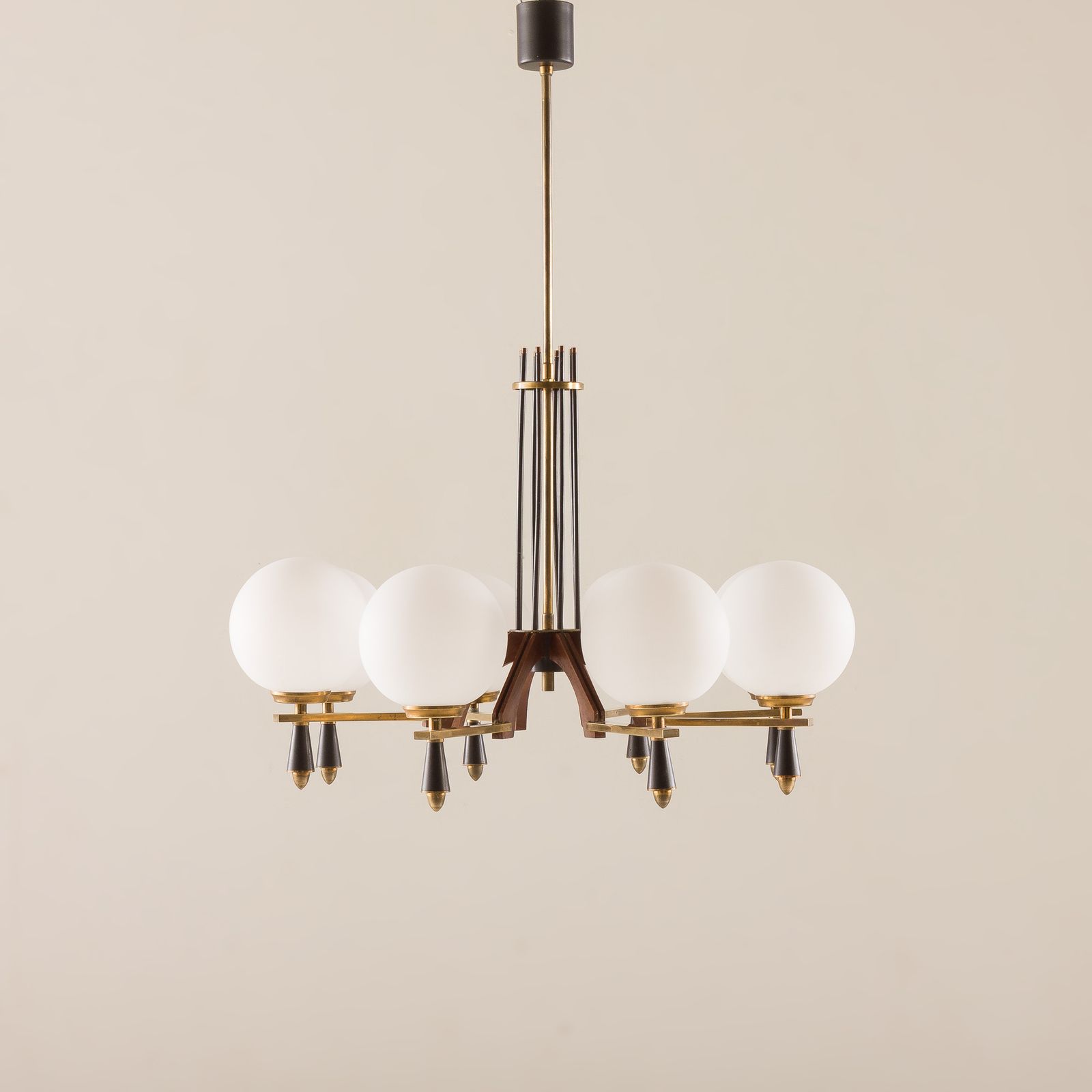 Italian Mid Century Chandelier In Brass And Teak, 1960s photo furniture