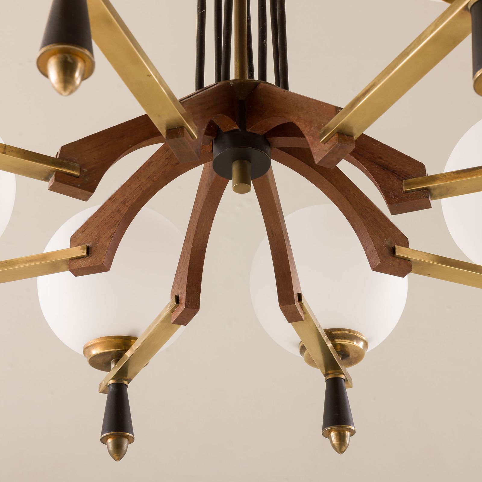 Italian Mid Century Chandelier In Brass And Teak, 1960s photo vinterior
