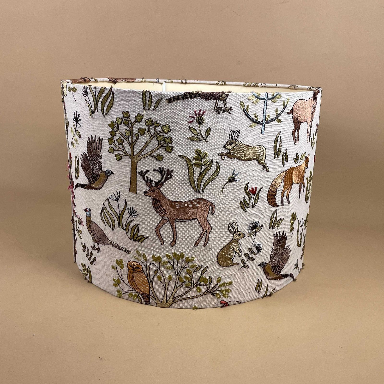 Designer Linen Bramble Wood Fabric Animal Lamp Shade Lampshade Drum Ceiling Large Lamp Shade Animals Voyage Maison Woodland Embroidered photo for sale