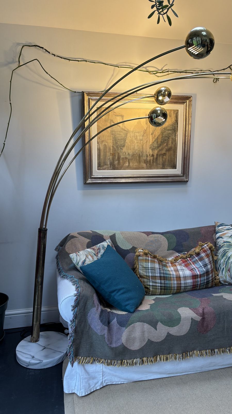Vintage Swedish 5 Arm Brass & White/Grey Marble Cottex Floor Lamp, Circa 1980s photo Lighting