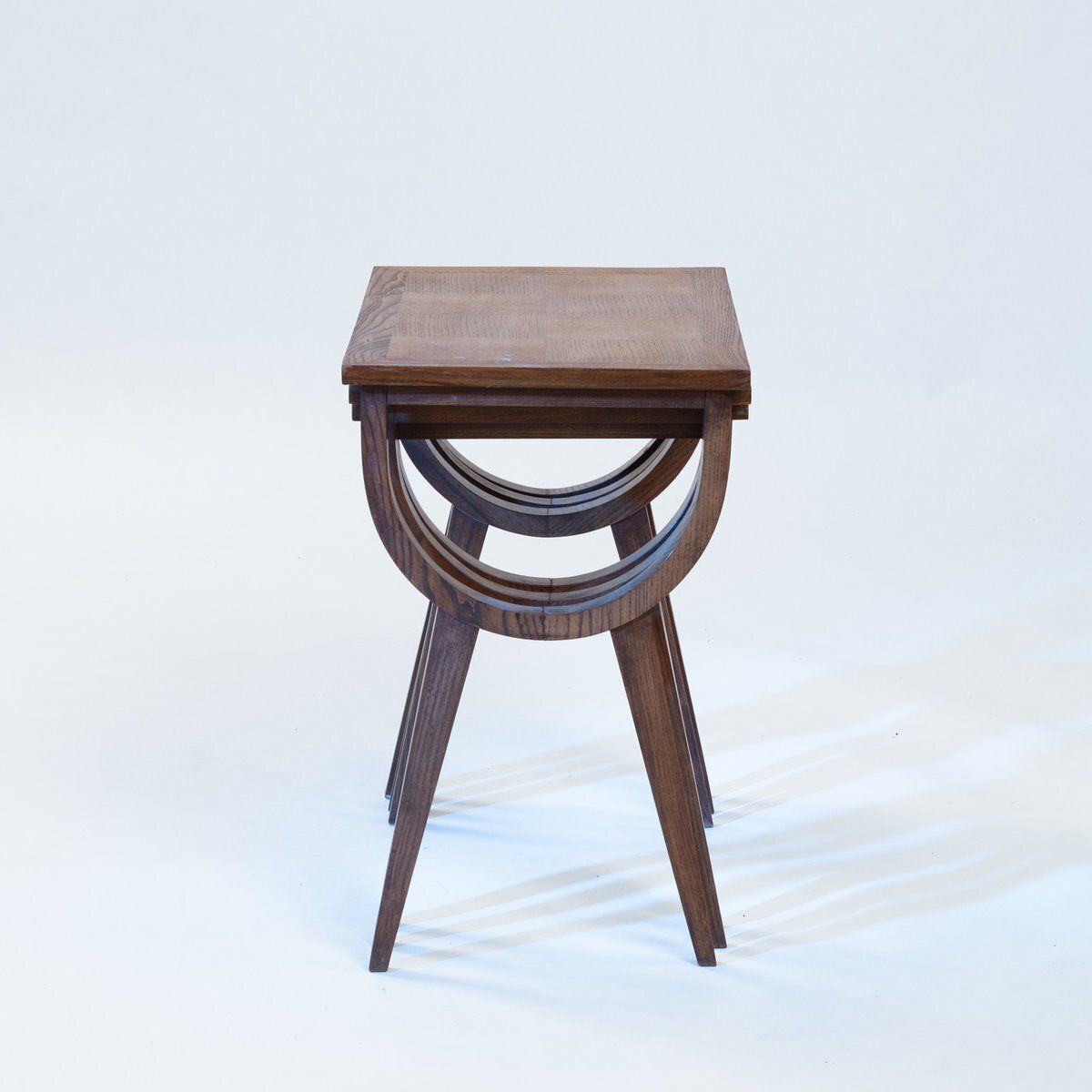 Mid Century French Oak Parquetry Nesting Tables, 1950s, Set Of 3 photo vintage