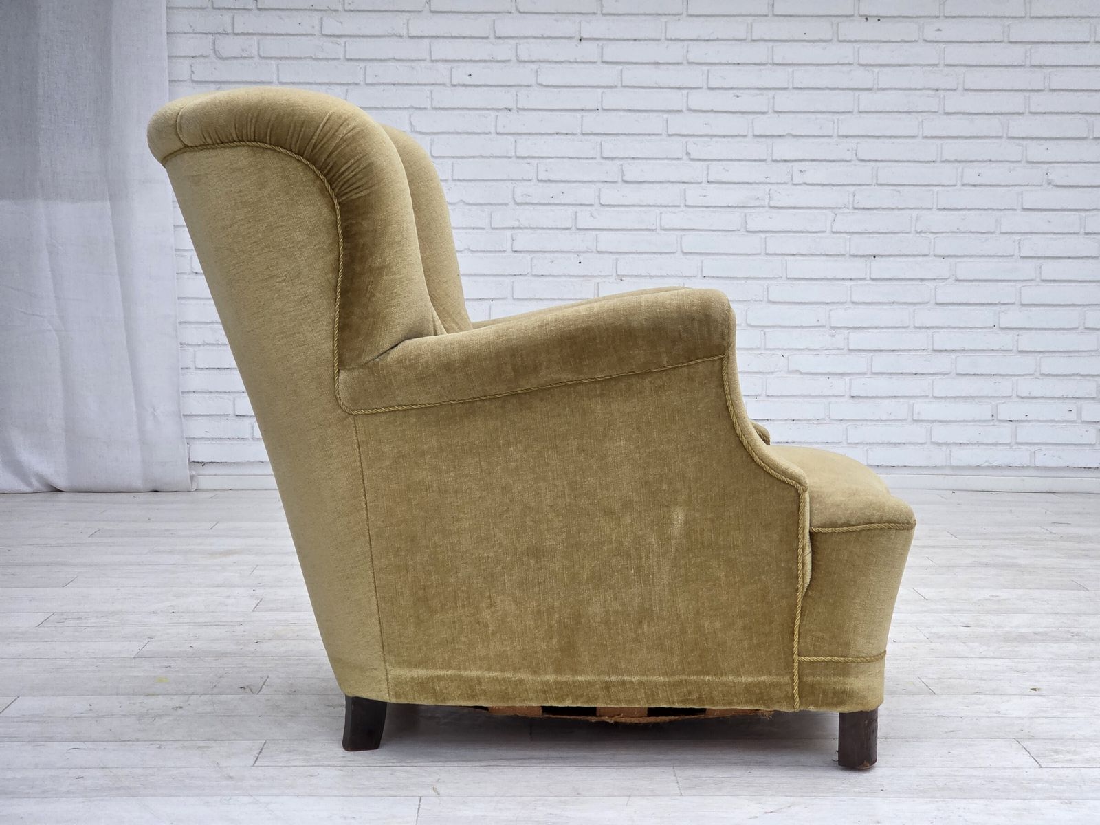 photo for sale 1960s, Danish Armchair, Green Furniture Velour, Oak Wood.