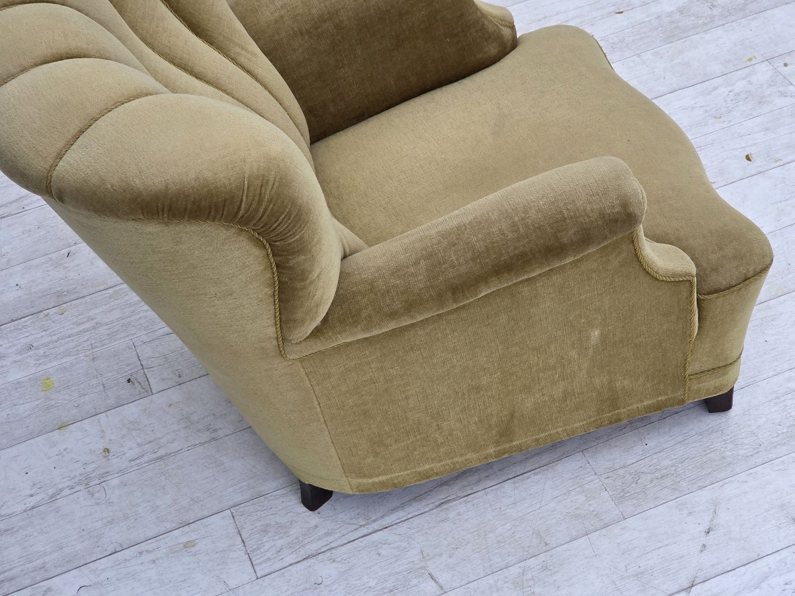1590.0 1960s, Danish Armchair, Green Furniture Velour, Oak Wood. photo