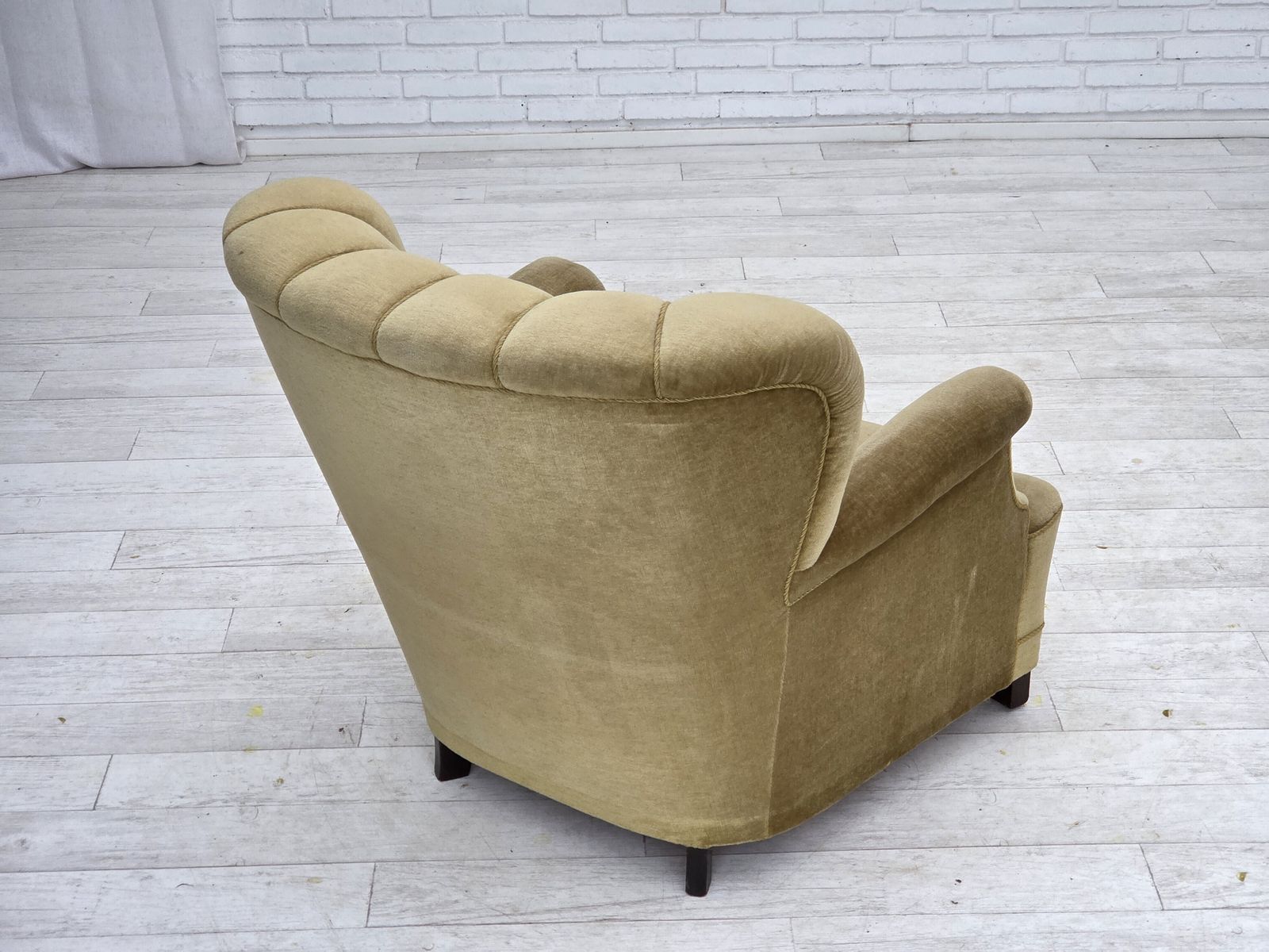 photo buy 1960s, Danish Armchair, Green Furniture Velour, Oak Wood.