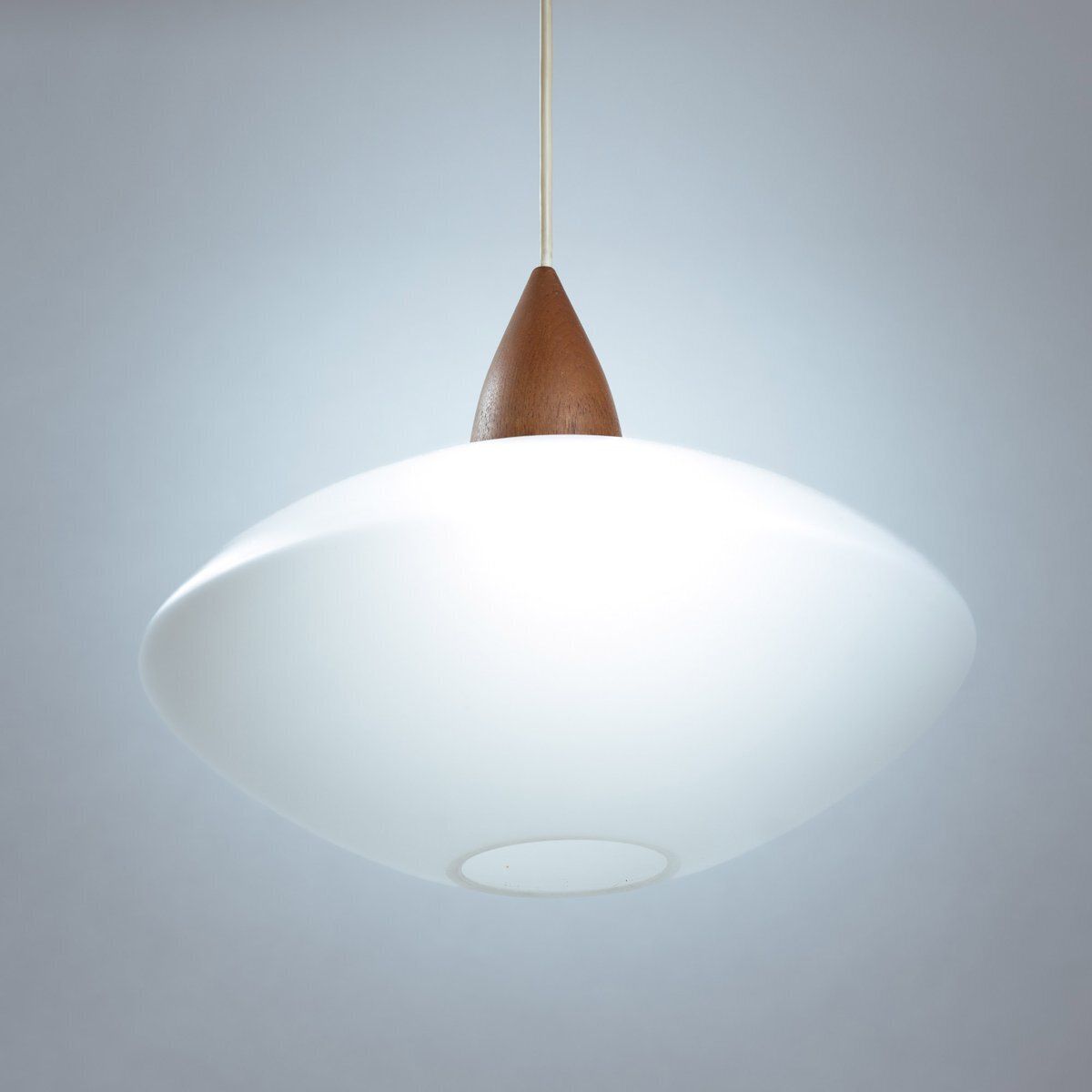 White Opaline Teak Pendant Light By Uno & östen Kristiansson For Luxus, Sweden, 1950s photo vinterior