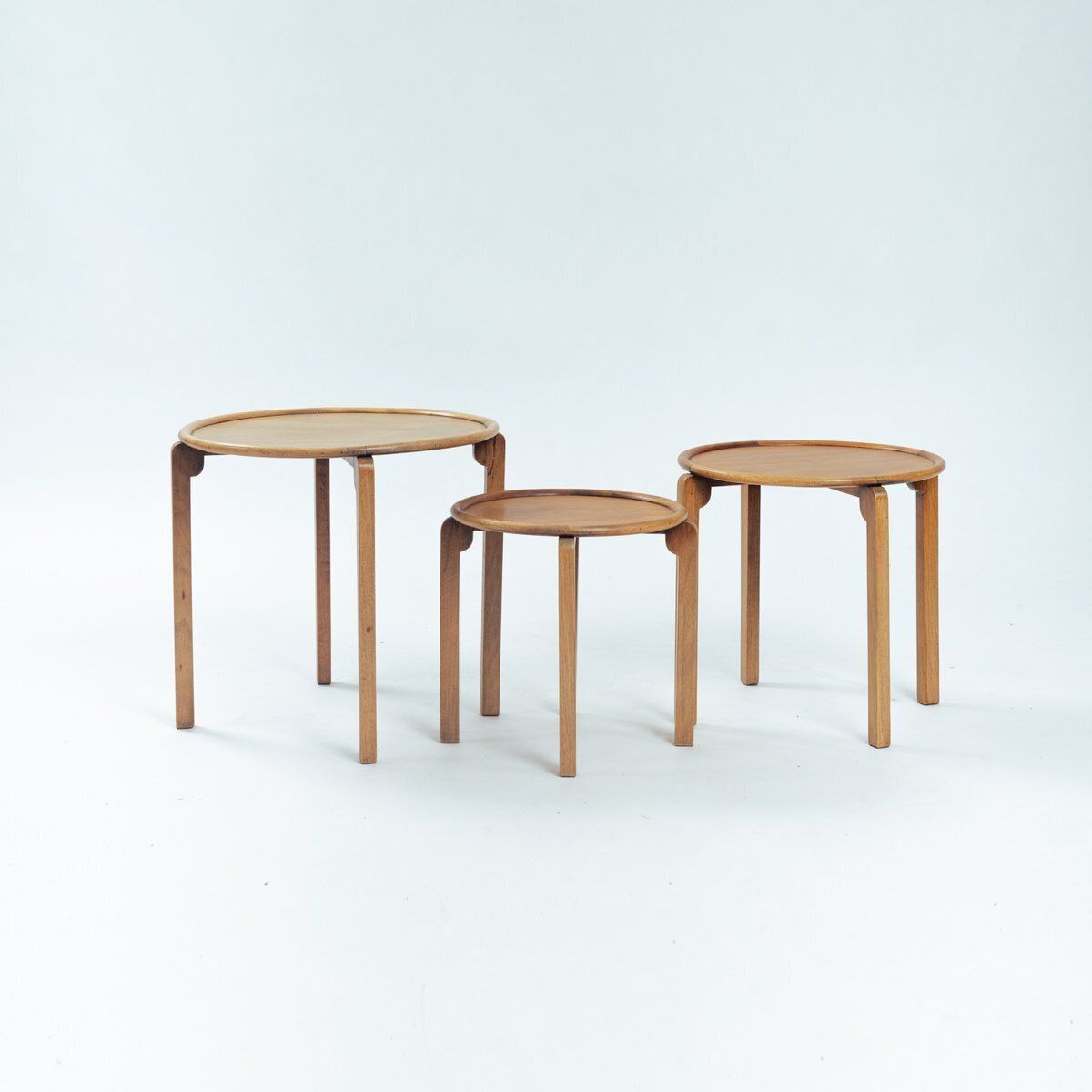 Art Deco Oak Wooden Round Amsterdam School Nesting Tables, The Netherlands, 1920s, Set Of 3 photo for sale