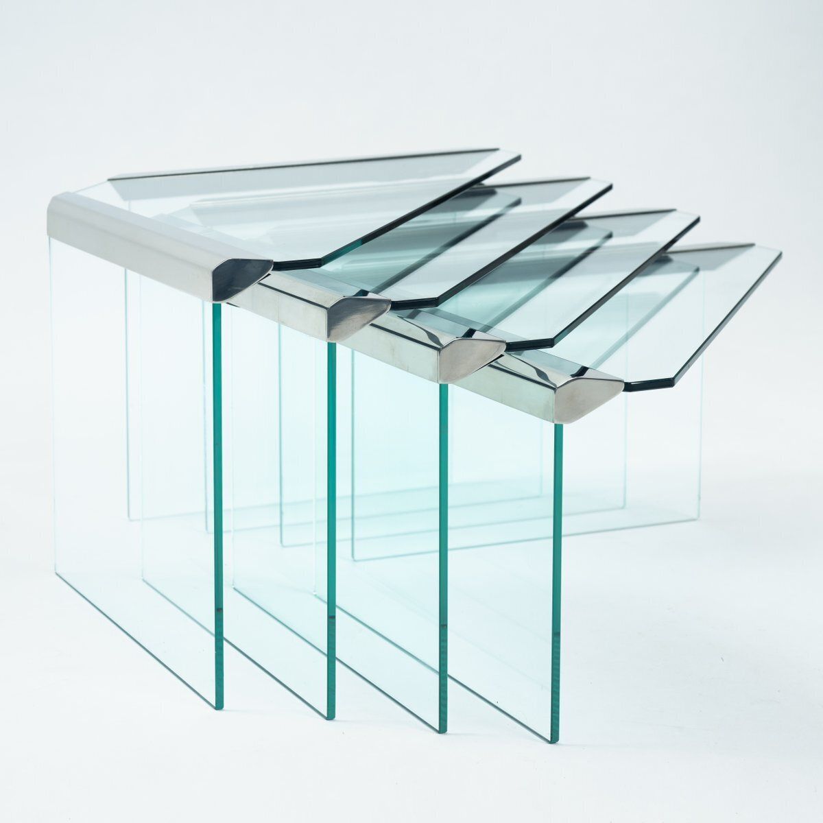 Corner Trangle Nesting Tables In Glass Chrome By Pierangelo Gallotti For Galotti & Radice, 1970s, Set Of 4
