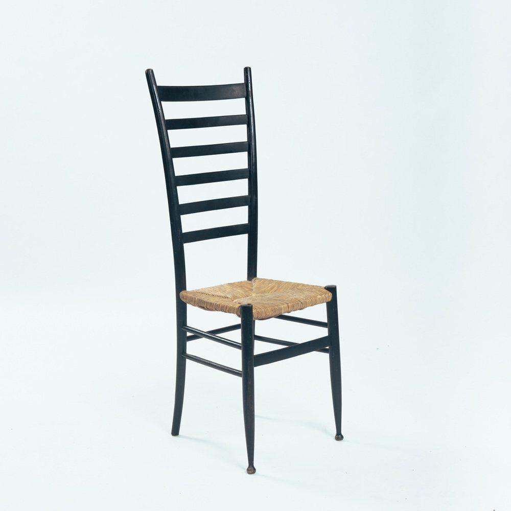 Italian Ebonised Straw Webbing Highback Side Chair In Style Of Chiavari, 1970s