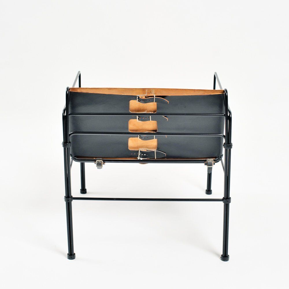 photo for sale Dutch Modernist Black Leather And Steel Bar Lounge Set By Jan Van Opzeeland, Netherlands, 1980s, Set Of 3
