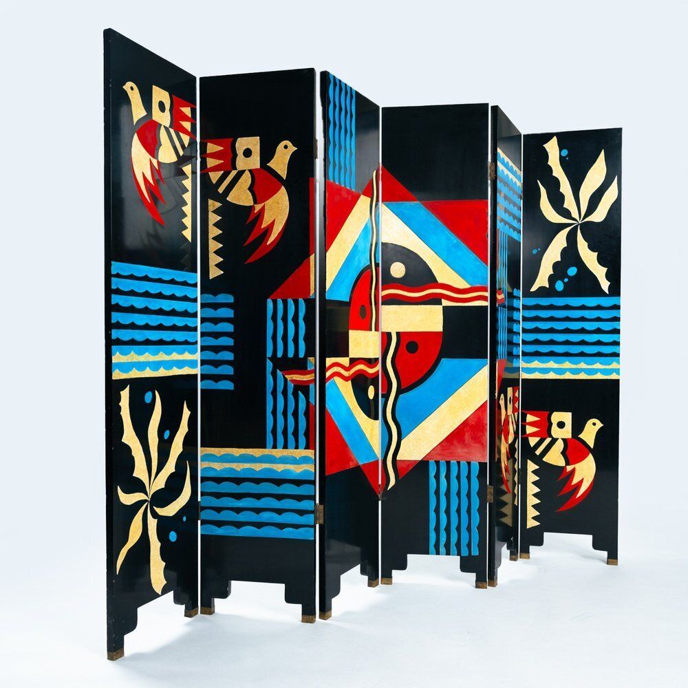 Art Paravent Room Divider With Birds And Geometric Patterns, 1970s