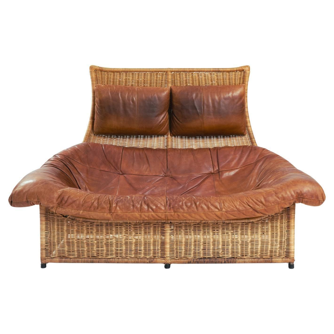 Gerard Van Den Berg Rattan Leather Double Sofa For Montis, The Netherlands 1970s
