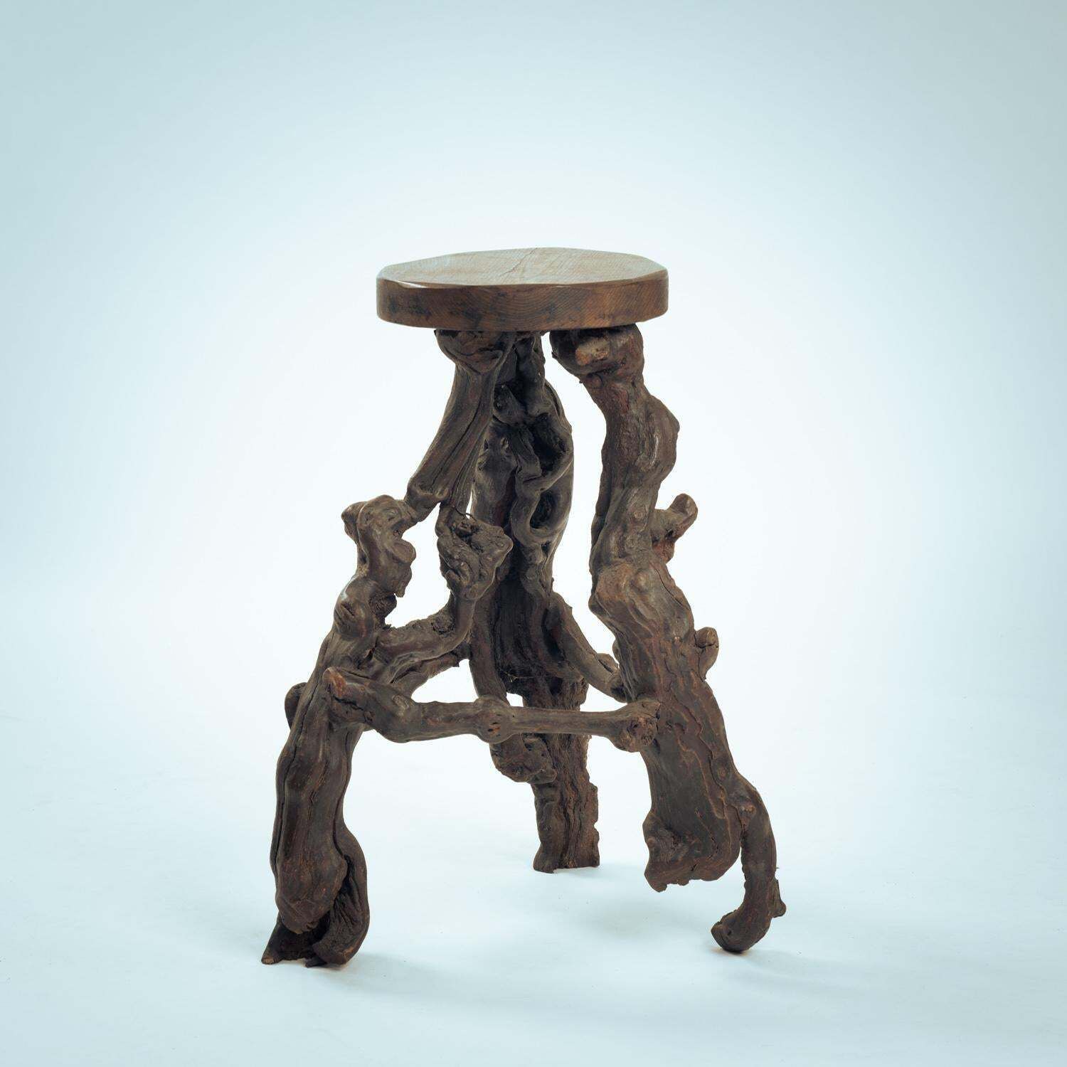 4 Handcrafted Brutalist Tripod Vine Wood And Oak Barstools, France, 1950s photo 2500.0