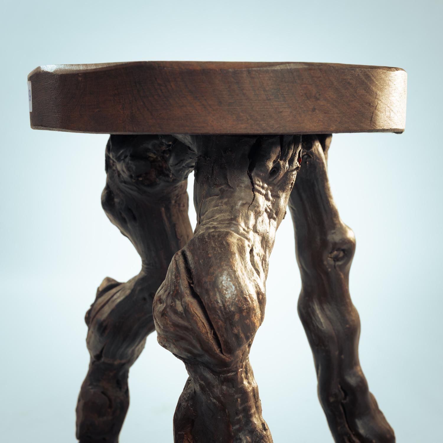 4 Handcrafted Brutalist Tripod Vine Wood And Oak Barstools, France, 1950s photo vintage