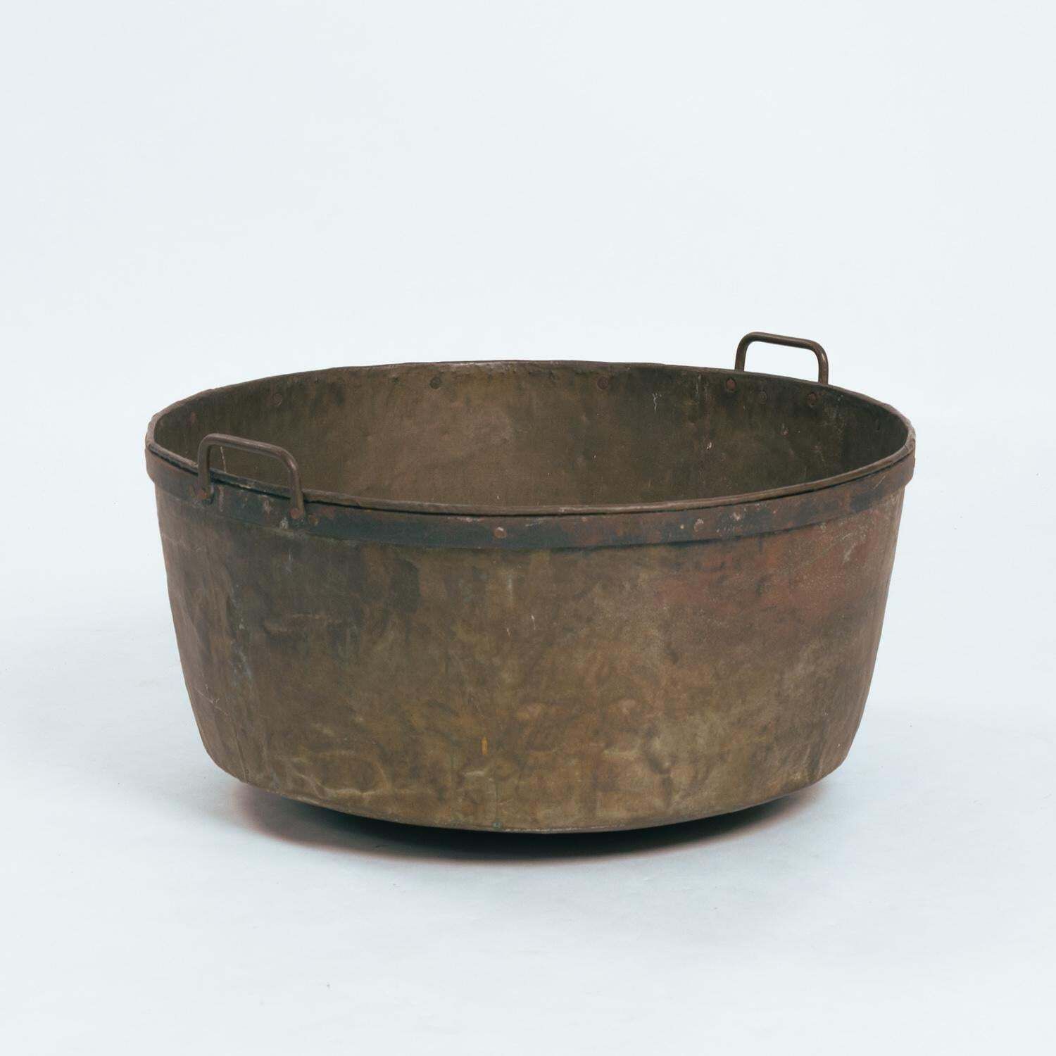 Large Brass And Wrought Iron Nailed Log Bucket Pot Bin, 1800/1900s photo for sale