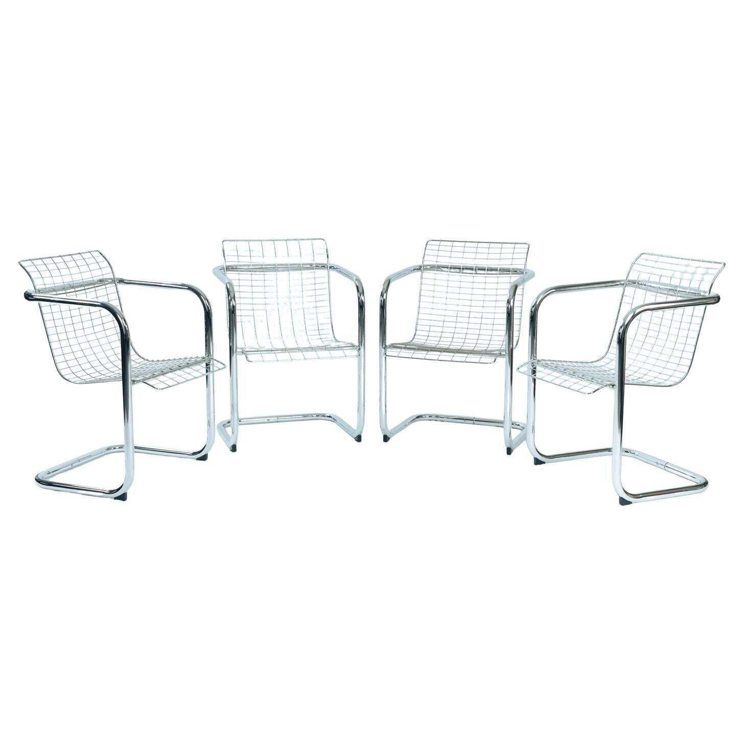 Set Of 4 Vintage Italian Wire Chairs, Chrome & Metallic Thread, 1974