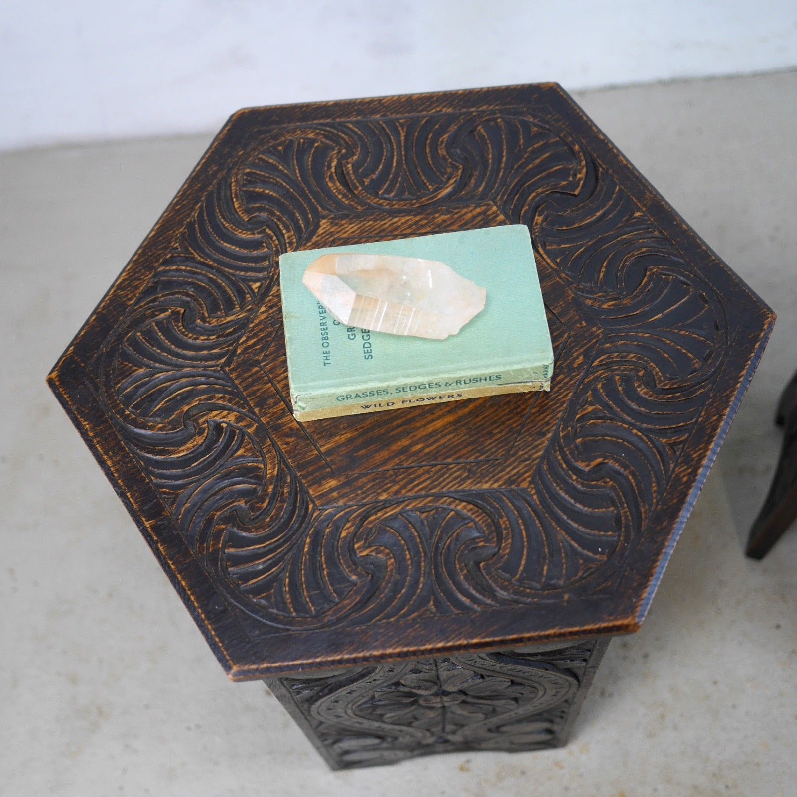 Pair Antique Carved Arts & Crafts Oak Side Lamp Tables Vintage #103106 photo 455.0