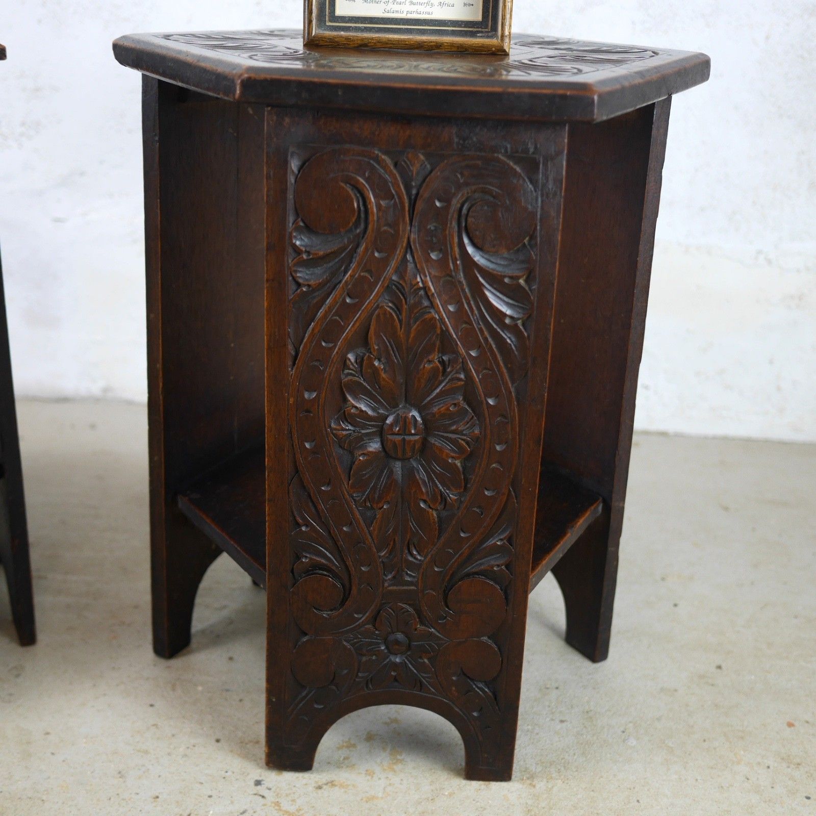 Pair Antique Carved Arts & Crafts Oak Side Lamp Tables Vintage #103106 photo vinterior