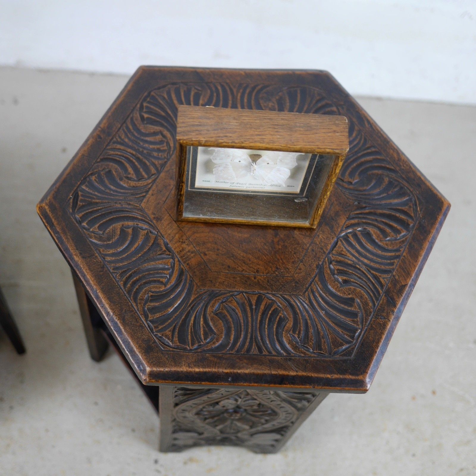 Pair Antique Carved Arts & Crafts Oak Side Lamp Tables Vintage #103106 photo buy