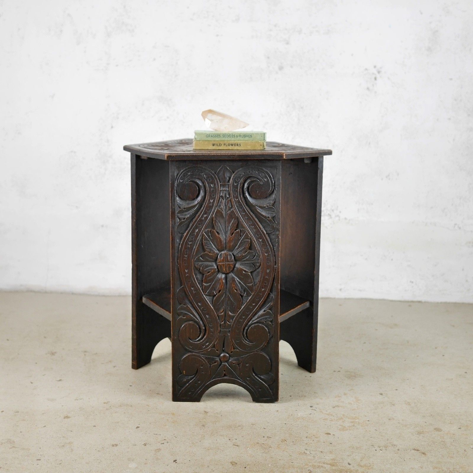 Pair Antique Carved Arts & Crafts Oak Side Lamp Tables Vintage #103106 photo vintage